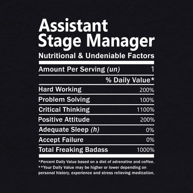 Assistant Stage Manager T Shirt - Nutritional and Undeniable Factors Gift Item Tee by Ryalgi